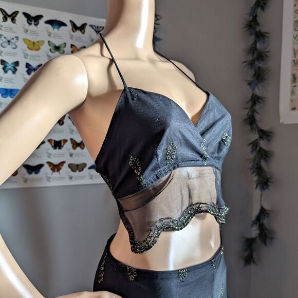 Vintage 90s y2k Kitty Halter Top 2 Piece Set Flare Pants Floral Gold Fairycore - Picture 13 of 16